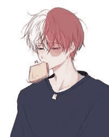 a boy with red hair and white hair is eating a piece of bread .