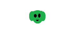 a drawing of a green face with black eyes and a smile on a white background .