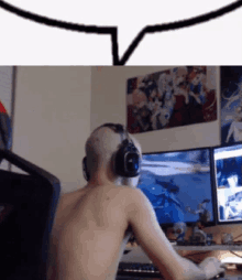 a shirtless man wearing headphones playing a video game