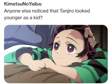 a picture of a young boy with the caption kimetsu no yaiba anyone else noticed that tanjiro looked younger as a kid