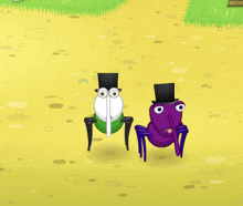 two cartoon characters wearing top hats are standing next to each other on a yellow surface