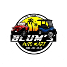 the logo for blum 's auto mart shows a jeep and golf cart .