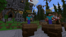 two minecraft characters are standing next to each other and one of them has the name skywars on the screen