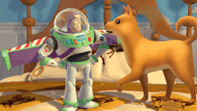 a toy story character named buzz lightyear is standing next to a dog