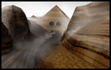 a painting of a pyramid in the desert with a face on it