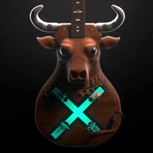 a guitar shaped like a bull with a green cross on it