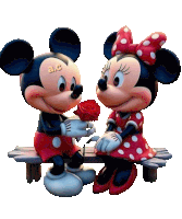 mickey mouse and minnie mouse sitting on a bench with a rose