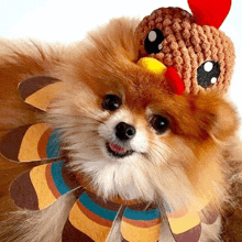 a pomeranian dog wearing a knitted turkey hat