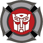 a red and gray transformer logo in a fire cross