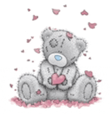 a teddy bear is holding a pink heart surrounded by pink hearts .