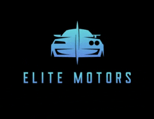 a logo for elite motors with a blue car in the middle