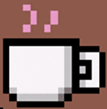 a pixel art illustration of a cup of coffee with pink bubbles coming out of it