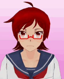 a girl with red hair and red glasses is wearing a sailor uniform