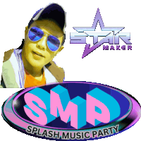 a man wearing sunglasses is next to a logo for smp splash music party