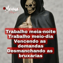 a picture of a skeleton in a cape with the words trabalho meia-noite