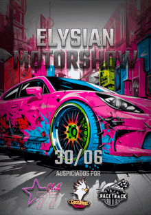 a poster for the elysian motorshow with a pink car on it