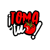 a red and white logo with a tomato and the words toma tu