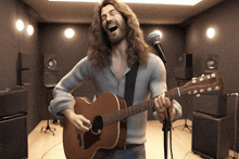 a man with long hair singing into a microphone while playing an acoustic guitar