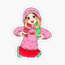 a girl wearing a pink hoodie and a watermelon skirt is holding a watermelon slice .