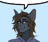 a drawing of a furry character with long hair and a speech bubble above his head .