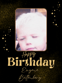 a black and gold birthday card with a picture of a child