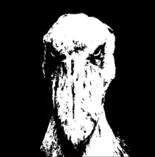 a black and white drawing of a bird with a very large beak