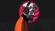 a man with a beard is wearing headphones and an orange shirt