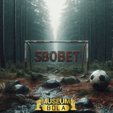 a soccer goal in the middle of a forest with the word sbobet on it