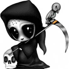 a grim reaper holding a scythe and a skull with a bird on his head