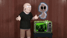 a cartoon character is standing in front of a green tv with a ghost on it