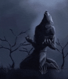 a painting of a werewolf howling at the moon in the dark .