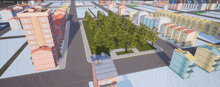 a computer generated image of a city with buildings and trees in the middle