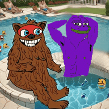 a cartoon drawing of a bear and a purple man sitting in a pool