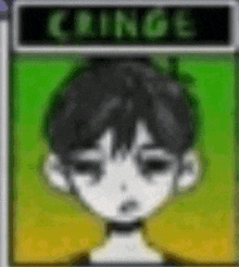 a blurry picture of a person 's face with a green background and the word cringe on it .