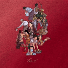 a drawing of a group of people on a red background with the name lucia written on the bottom