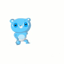 a blue teddy bear is standing on one leg and waving