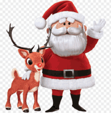 a santa claus standing next to a stuffed reindeer