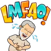 a cartoon of an older man laughing with the word lmfaq behind him