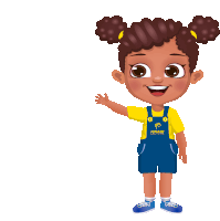 a cartoon girl wearing overalls and a yellow shirt that says imai on it