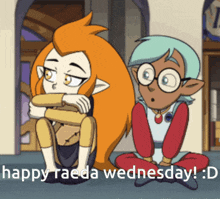 two cartoon characters are sitting next to each other with the caption happy raeda wednesday : d