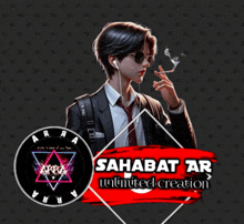 a logo for sahabat ar unlimited creation shows a man in a suit and tie smoking a cigarette