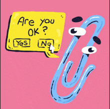 a cartoon drawing of a paper clip with a speech bubble saying are you ok