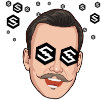 a cartoon of a man with a mustache wearing a pair of glasses with a s on them