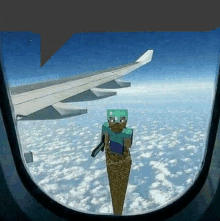 a picture of a minecraft character in an ice cream cone is taken from an airplane window