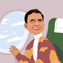 a cartoon drawing of a man sitting on an airplane looking out the window