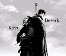 a black and white drawing of kieru and beserk holding swords