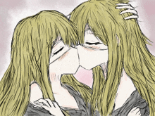 a drawing of two girls kissing each other with their eyes closed