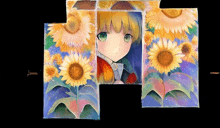 a painting of a girl with sunflowers in the background