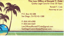 a business card for the law office of ronald t. cole in san diego