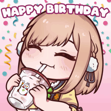 a girl drinking from a cup with the words happy birthday written above her